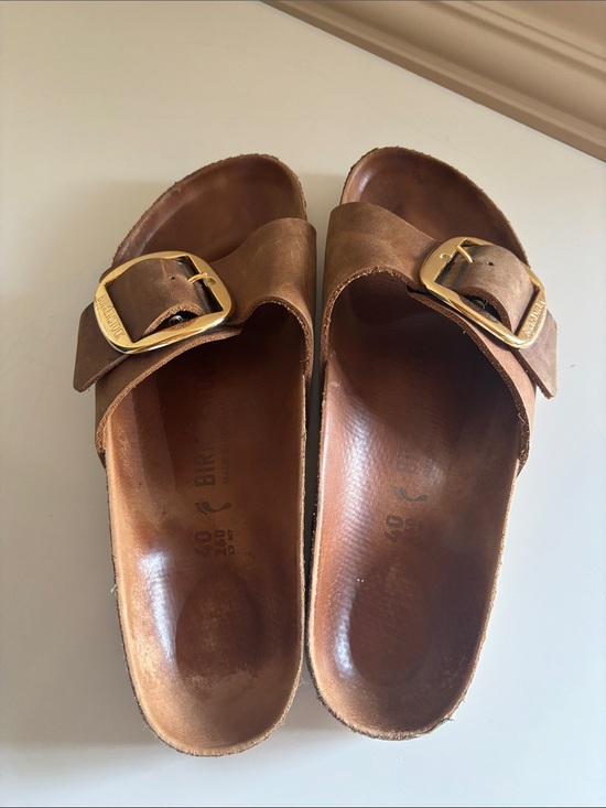 Birkenstock Shoes - Birkenstock Brown Leather Single-Strap Sandals with Gold Buckles